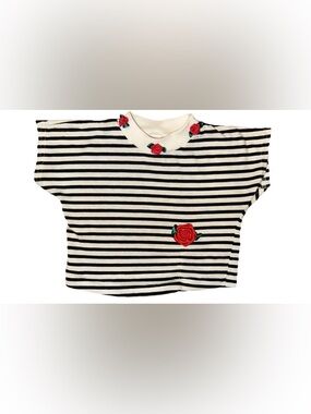 VTG Buster Brown Black White Striped Top Girls Size 2T Rose Flower Embellishment